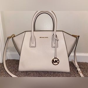 Michael Kors Large Avril Leather Top-Zip Satchel With Crossbody Strap Cream